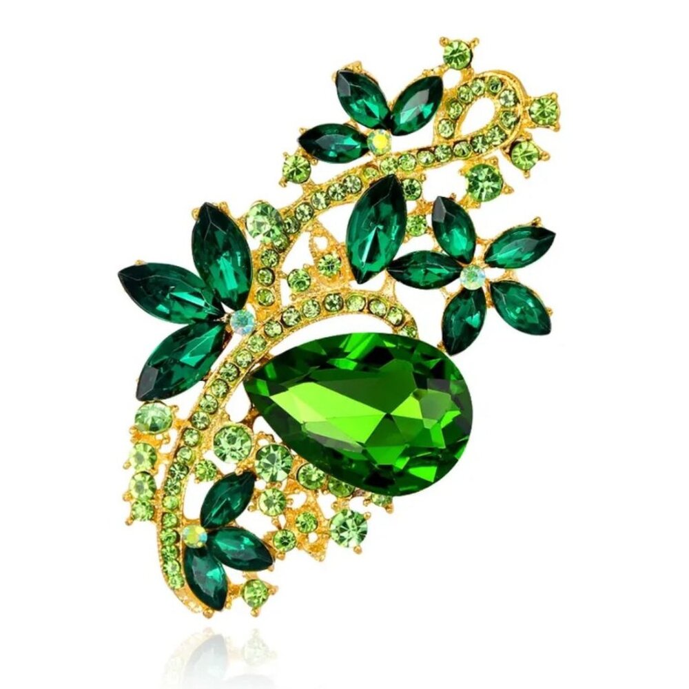 Rhinestone Cluster Brooch Green Glass Gold Tone